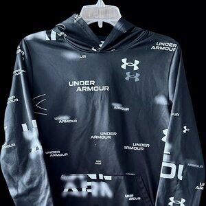 Under Armour Hoodie Sweatshirt Boys YL All Over Print Blurred Logo VGC